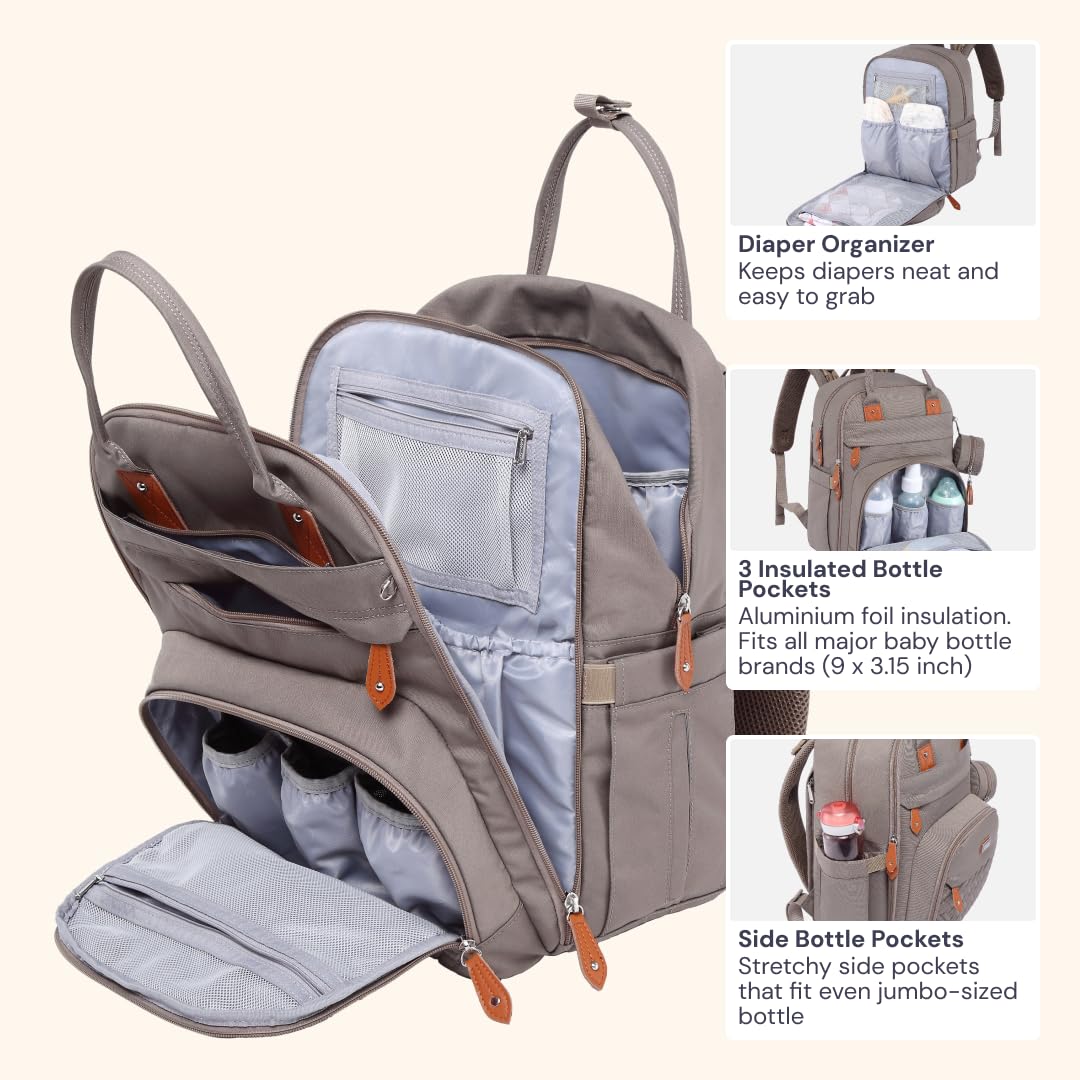 BabbleRoo Diaper Bag Backpack - Baby Essentials Travel Tote - Multi Function Water Resistant Diaper Bag, Travel Essentials Baby Bag with Changing Pad, Stroller Straps & Pacifier Case - Unisex, Khaki