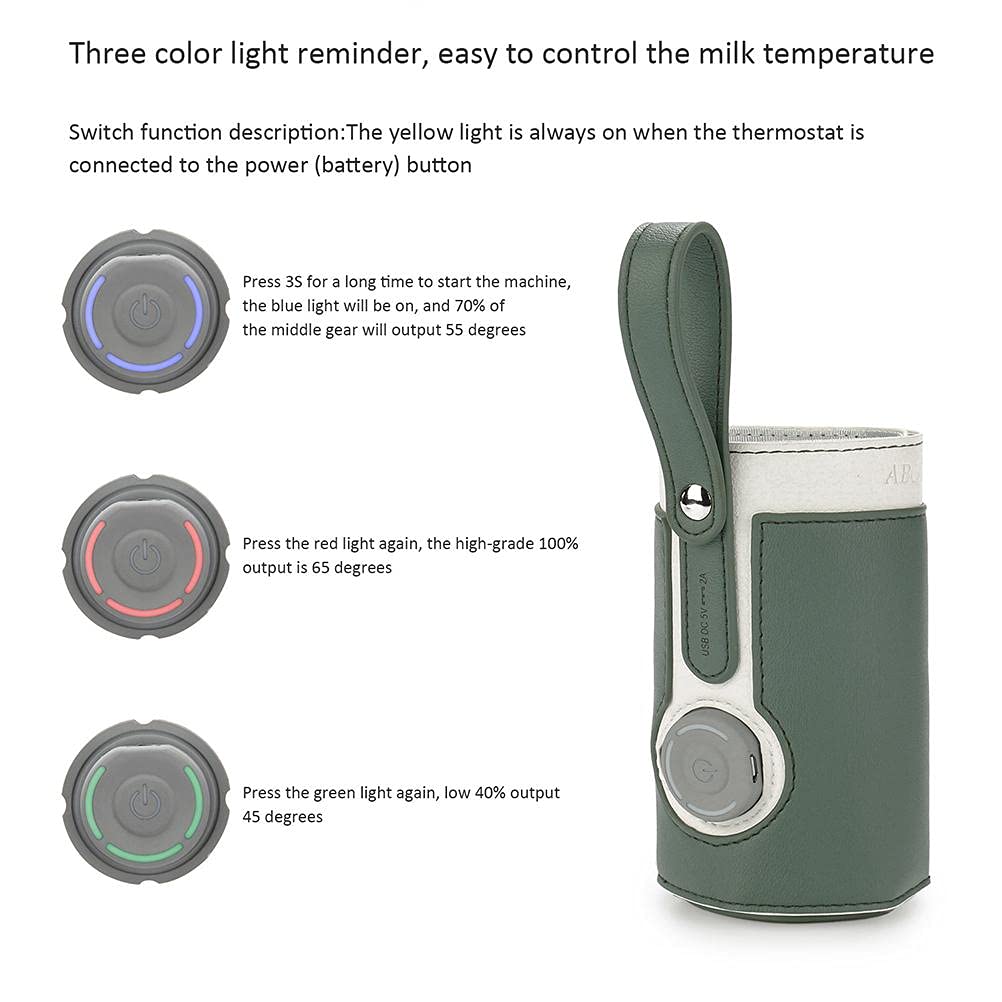 3 Temperature Adjustable Portable Baby Bottle Warmer, Portable Car Travel Bottle Warmer USB Milk Heat Keeper for Home and on The Go (Green)