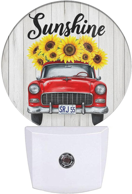 EKOBLA Autumn Harvest Night Light Red Car Truck with Sunflowers Plug in Nightlights Dusk to Dawn Sensor LED Lighting for Bedroom Bathroom Stairway Kitchen Home Decor