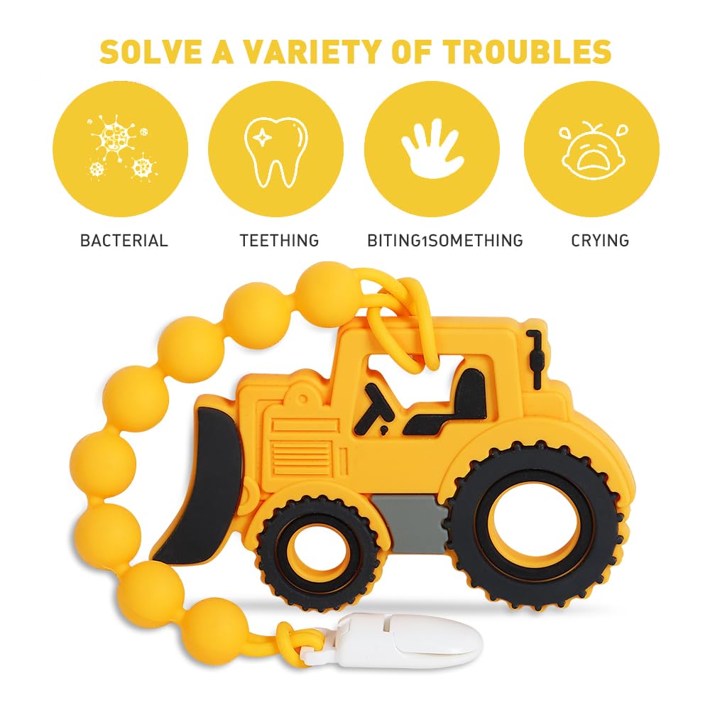 Baby Construction Vehicles Teething Toys,Food Grade Silicone Teether with One-Piece Pacifier Clip Holder,Shower Gift for 3 Months+ Boy and Girl,BPA Free,Freezer Safe. (Bulldozer)