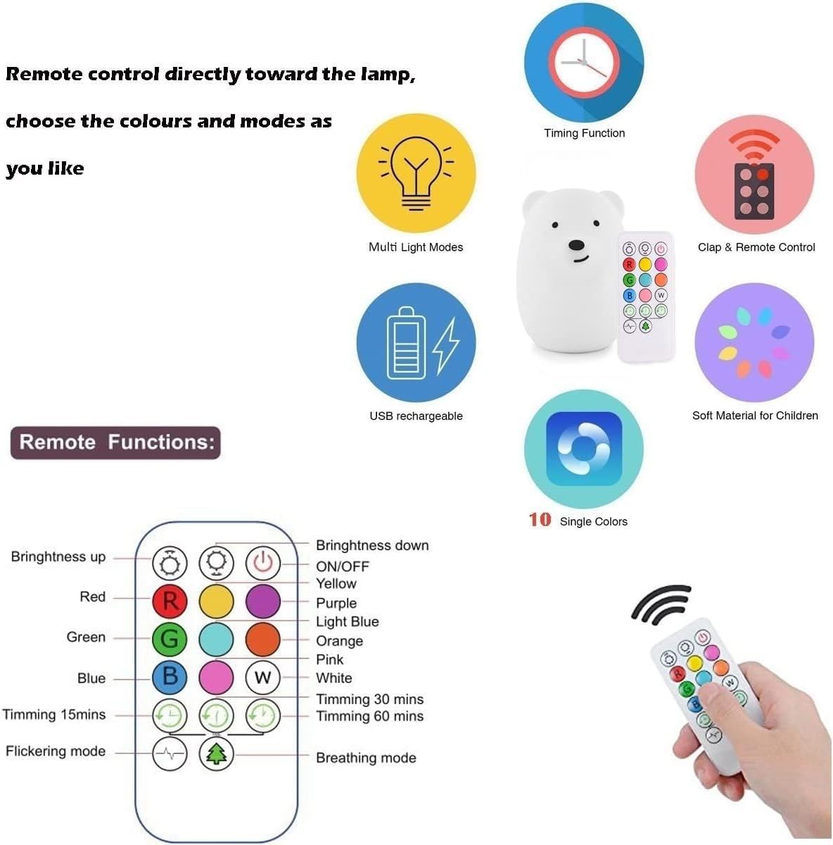 Night Light for Kids, Bedside Lamp for Children, Baby Nursery Lamp for Breastfeeding Safe, Break Resistant, Eye Caring, Adjustable Brightness & Color, Touch Control, Child Gift - Medium Bear