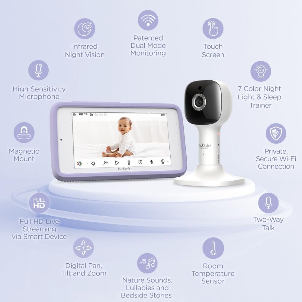 HUBBLE CONNECTED Nursery Pal Cloud Touch Smart WiFi Enabled Baby Monitor with 5 Inch HD Color Touchscreen Parent Unit, Plus Preloaded Soothing Sounds, Lullabies, and Stories, White