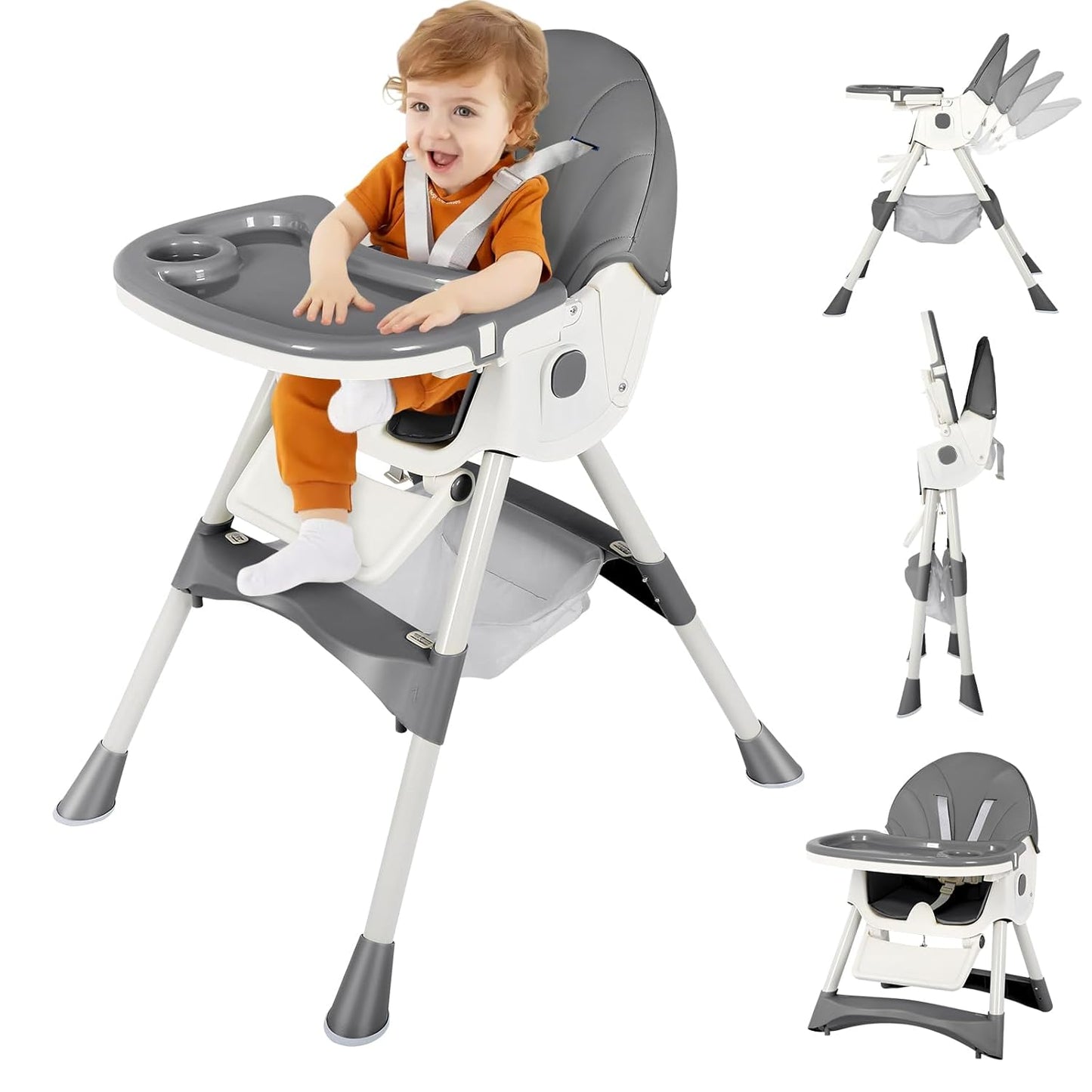 6-in-1 Foldable Baby High Chair for Babies & Toddlers – Adjustable Height & Recline, 5-Point Safety Harness, Removable Tray | Portable Highchair, Space-Saving & Easy Clean | Silla de Comer para Bebé