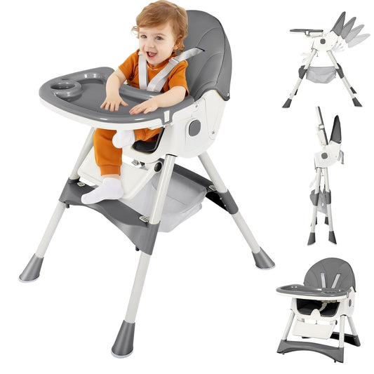 6-in-1 Foldable Baby High Chair for Babies & Toddlers – Adjustable Height & Recline, 5-Point Safety Harness, Removable Tray | Portable Highchair, Space-Saving & Easy Clean | Silla de Comer para Bebé