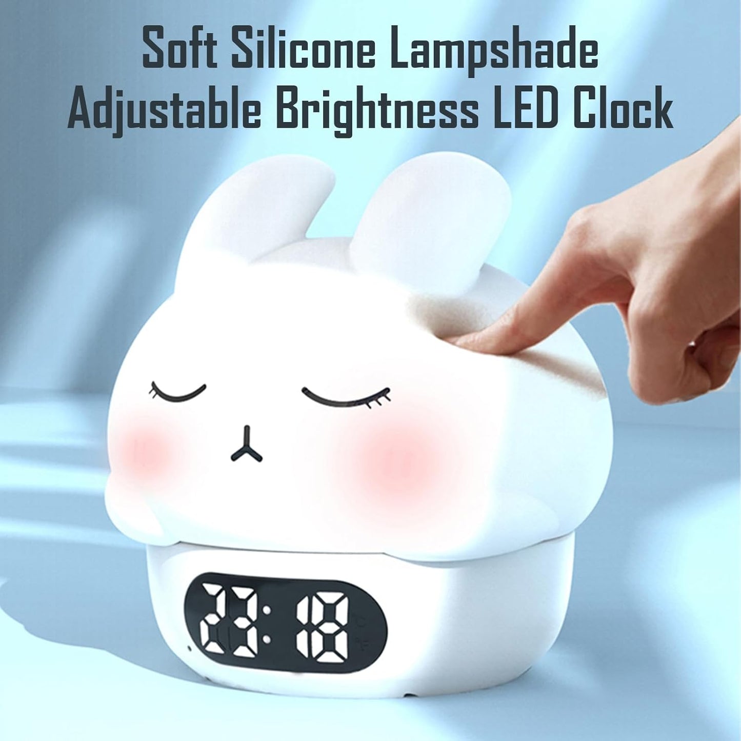 Cute Bunny RGB Rechargeable Night Light, Soft Silicone Lampshade, Adjustable Brightness LED Clock, Date, Alarm, Thermometer, Timer, Tap Control, Bedroom Lamp, Gift for Girl and Kid (White Bunny)