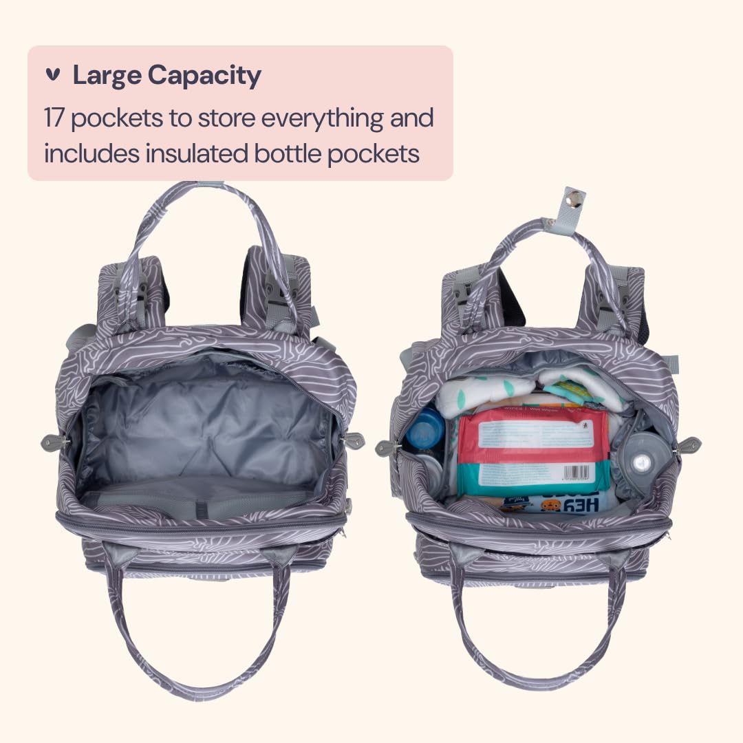 BabbleRoo Diaper Bag Backpack - Baby Essentials Travel Tote - Multi Function Water Resistant Diaper Bag, Travel Essentials Baby Bag with Changing Pad, Stroller Straps & Pacifier Case - Grey Swirls