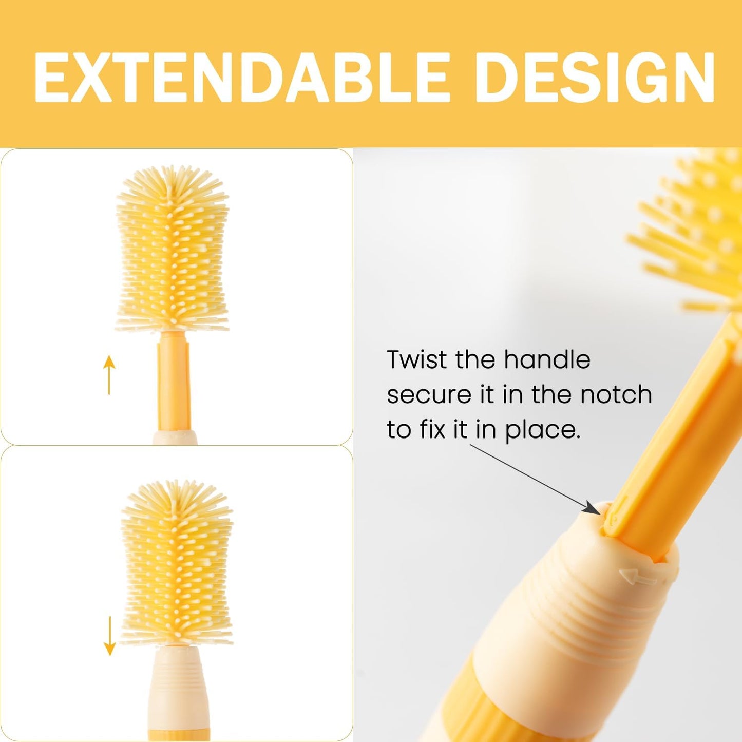 Travel Bottle Brush, 6-in-1 Portable Travel Bottle Cleaner Kit with Small Bottle Brush Built in Drying Rack, Nipple Brush, Straw Brush, Soap Dispenser, for Baby Bottles Under 8 OZ, BPA-Free(Yellow)