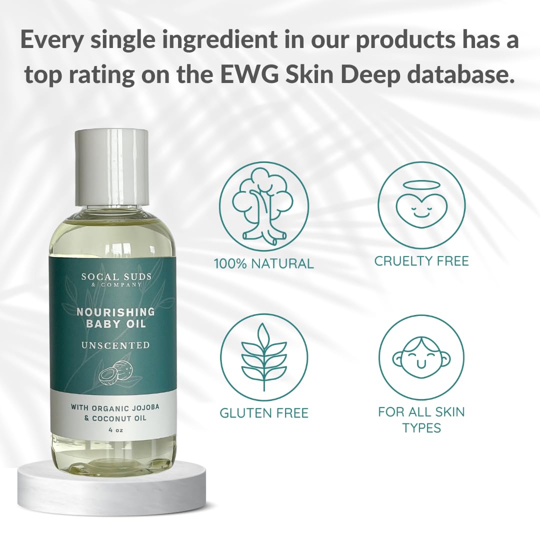 SoCal Suds & Company -Natural & Organic Baby Oil -Newborn Essentials -Gentle Moisturizing Nourishing Oil for Delicate Tender Skin -Vitamin-Enriched with Jojoba and Sunflower Oils - Fragrance Free, 4oz