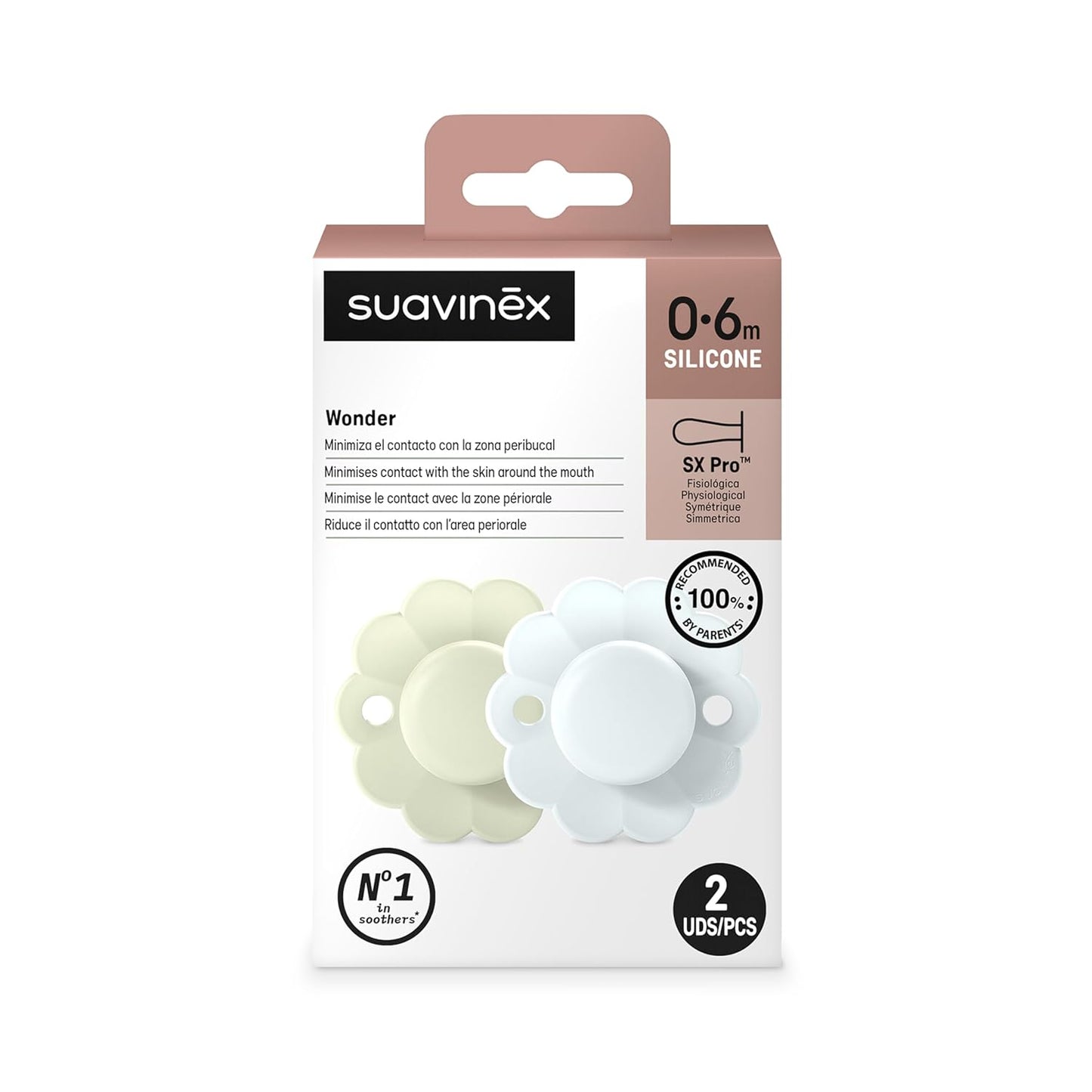 Suavinex Wonder Baby Pacifier, SX Pro Silicone Nipple, Reversible, Non Irritating Shield Design, 2 Pk Pacifiers 0-6 Months, Made in Europe, Aqua/Blue