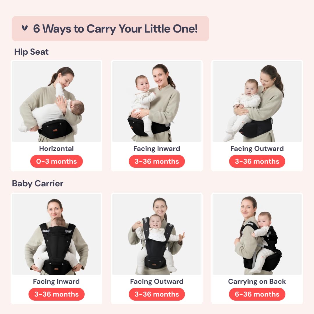 BabbleRoo Grow Carrier – Safety-Certified 6-in-1 Baby Carrier with Hip Seat, Ergonomic & Adjustable Toddler Carrier 7-50 lbs with Hip Support, Hood for Sun Protection, Newborn to Toddler, Black