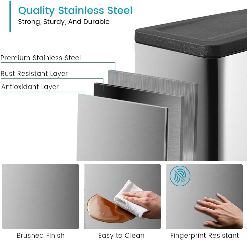 12 Gallon Trash Can with Lid，45L Kitchen Garbage Can,Stainless Steel Trash Can for Narrow Spaces with Soft-Close Lid, Inner Bucket, and Step-on Pedal