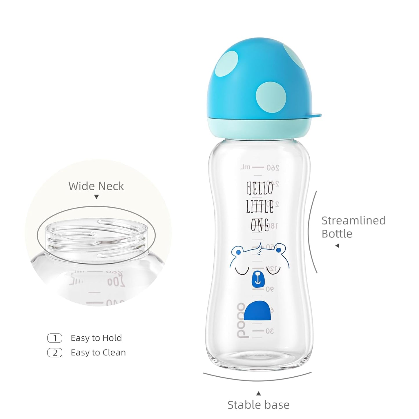 YOHKOH Natural Glass Baby Bottle with Natural Response Nipple, Newborn Anti-Colic Baby Bottles, Wide Neck Mushroom Cap Baby Bottle, Clear (8.8ounce (Pack of 2), Blue1)
