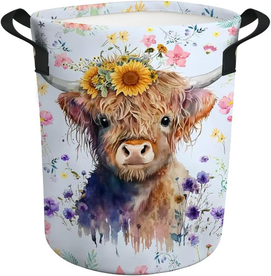 Highland Cow Laundry Basket Gifts for Girls, Girls' Room Decor Baby Nursery Hamper Highland Cow Room Decor 17.7x13.7 Inch