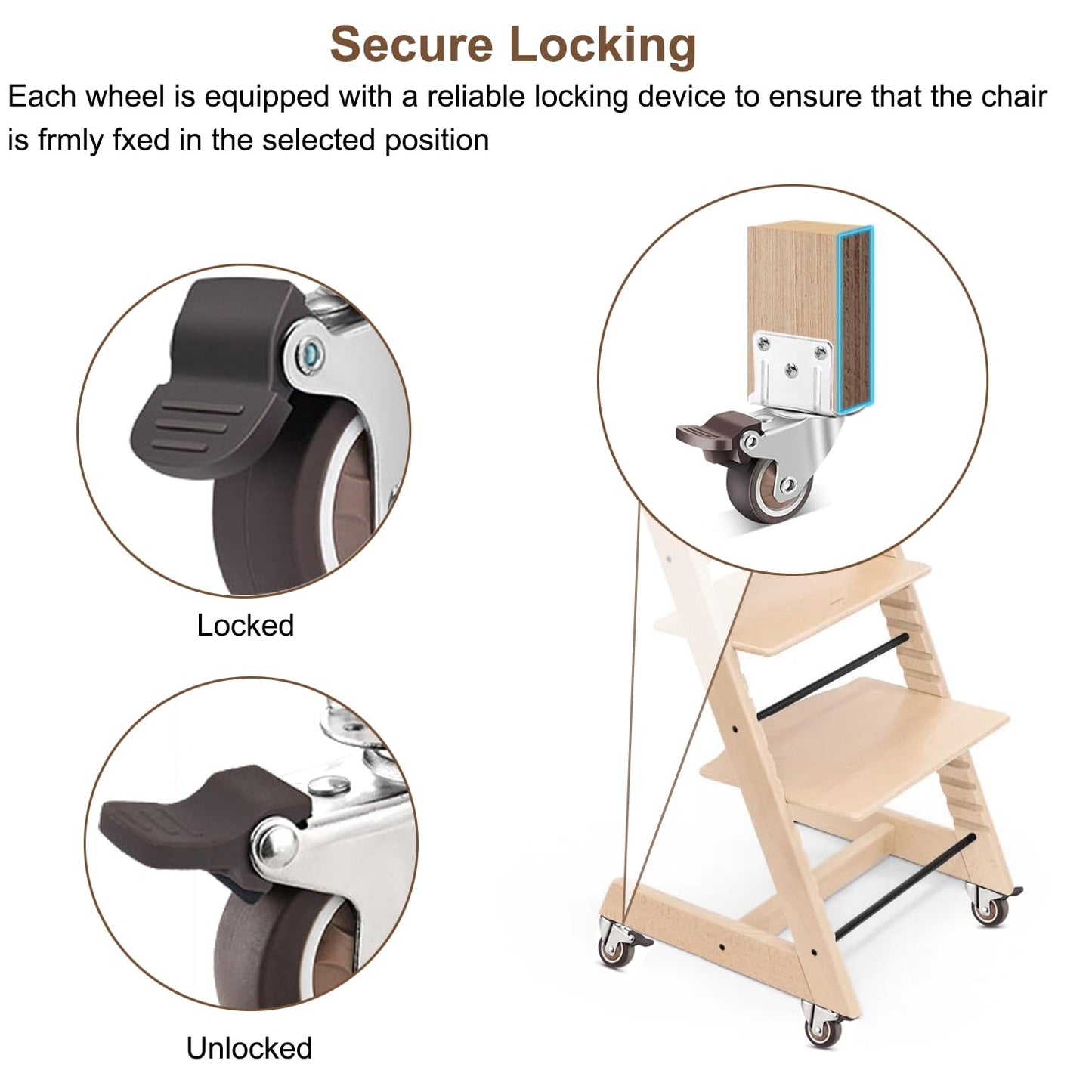 Stokke Tripp Trapp High Chair Booster Base Wheel Kit with Safety Locks, 360° Rotation, Counter Height Riser & Universal Boost Seat Replacement Parts (4 Pcs)