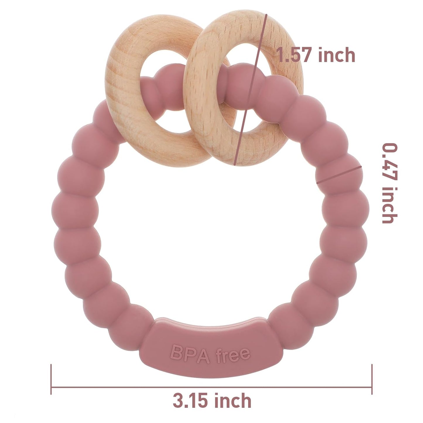 Baby Teether, One Piece Design Silicone & Beech Teething Ring Toy for Babies, BPA Free (Sand)