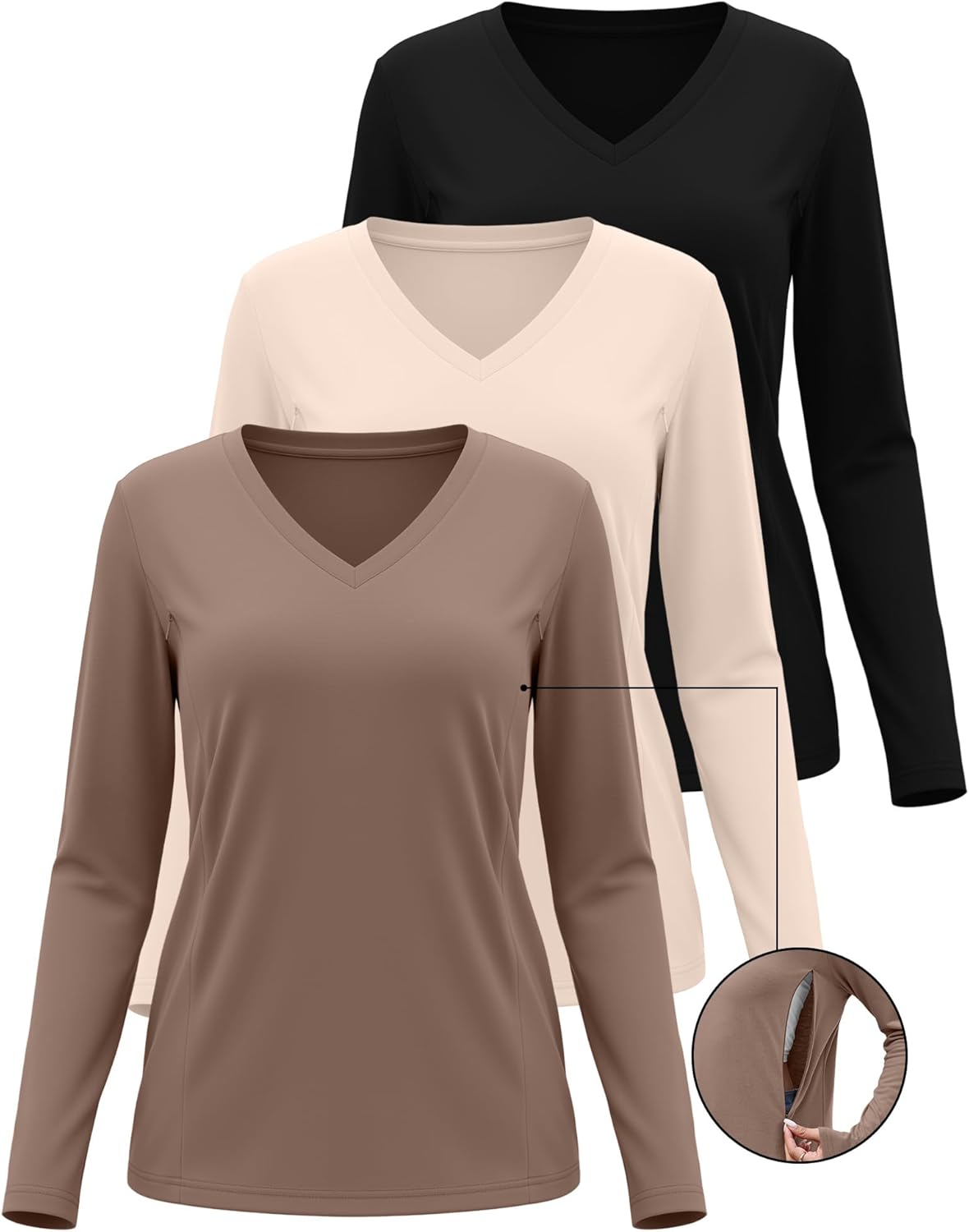 Huukeay 3 Pack Women's Long Sleeve Nursing Tops, Breastfeeding Hidden Zippers Shirts V Neck Maternity Pregnancy Tees Clothes