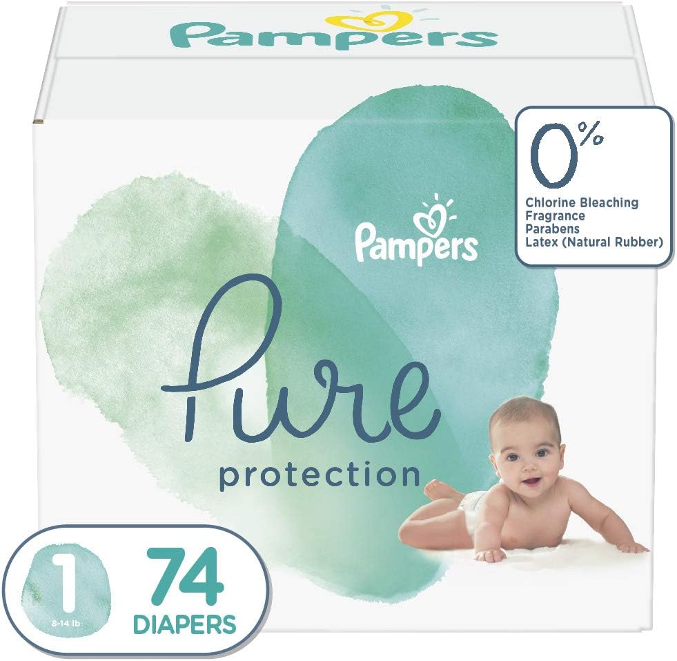 Pampers Diapers Newborn/Size 1 (8-14 lb), Pure Protection Disposable Baby Diapers, Hypoallergenic and Unscented Protection, Super Pack (Old Version), Size 1, 74 Count