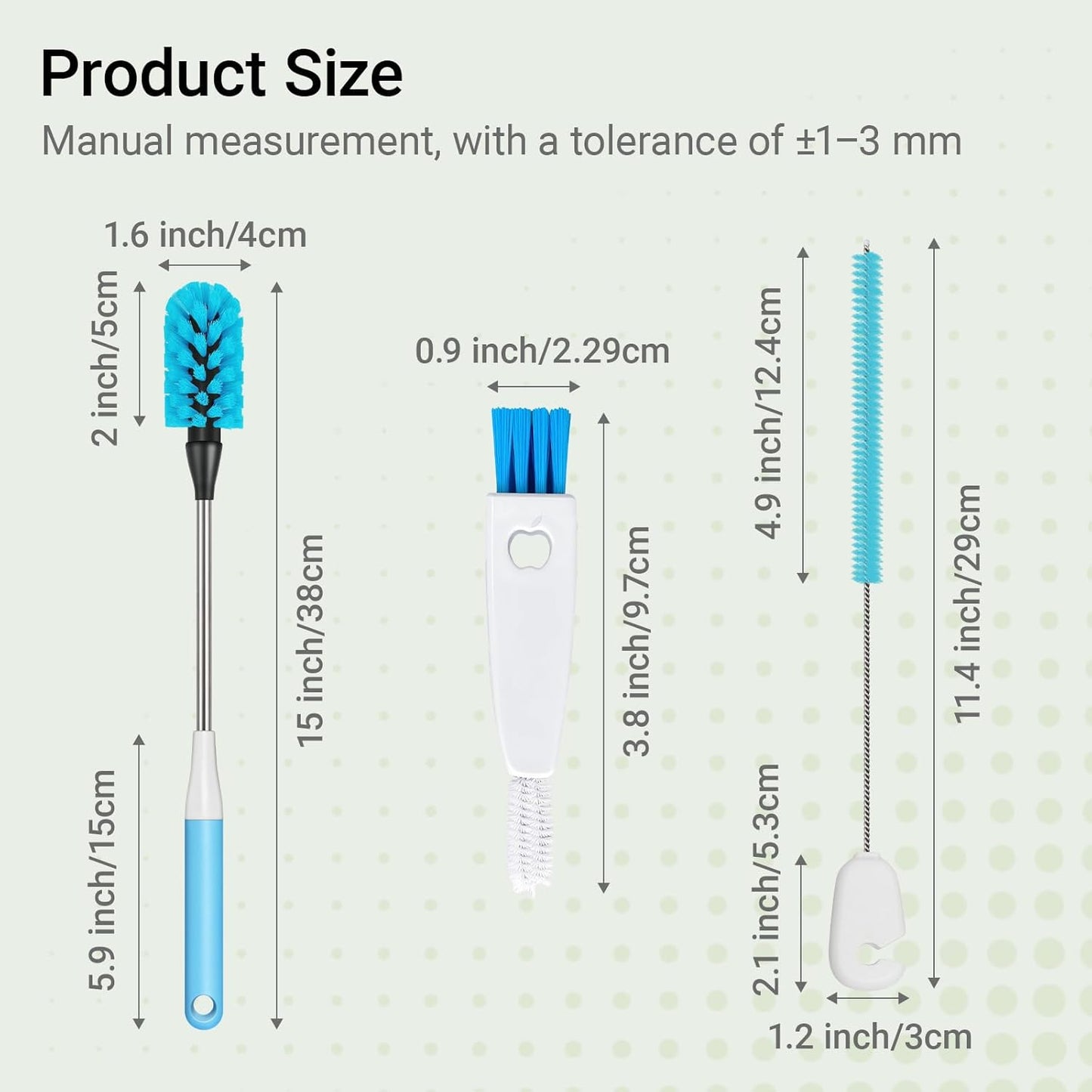 3-in-1 Bottle Brush, 15 Inches Long Handle Kitchen Water Bottle Brush, Stainless Steel Bottle Cleaner Brush with Straw Brush & Lid Brushe for Cleaning Wine Glasses,Coffee Mugs,Tumblers,Wine Decanters