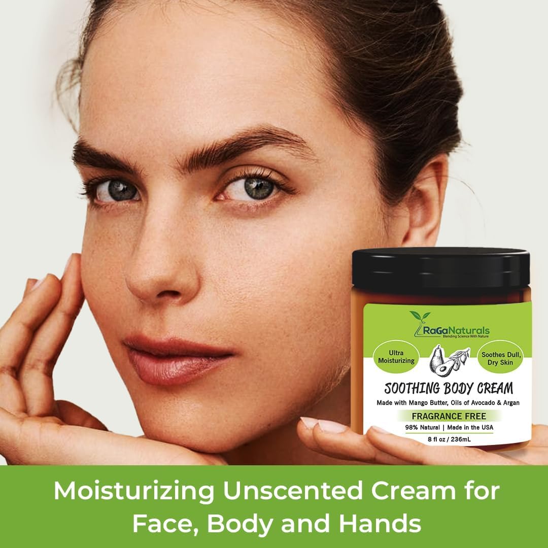 RaGaNaturals Mango Butter Moisturizing Hand & Body Cream for Dry to Very Dry, Sensitive Skin - Natural Vitamin E Face Cream - Non-Comedogenic, Unscented Lotion for Dry Skin for Women, Men, Baby - 8 Oz