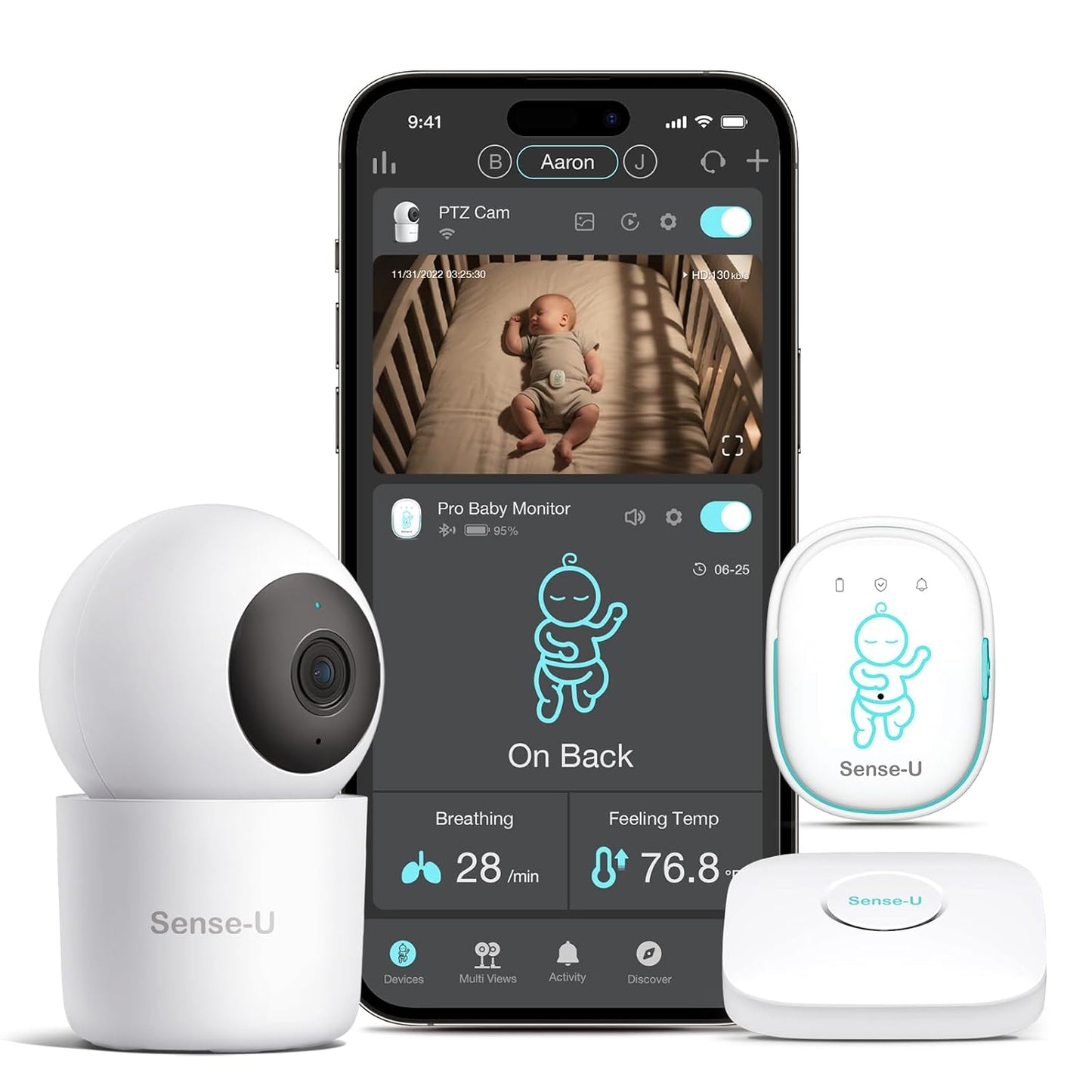 Sense-U Pro Smart Baby Monitor Bundle with 2.5K QHD Pan-Tilt-Zoom Camera: Tracks Breathing Movement, Rollover & Overheating with Cry Detection, Background Audio, Security Wi-Fi Video Camera