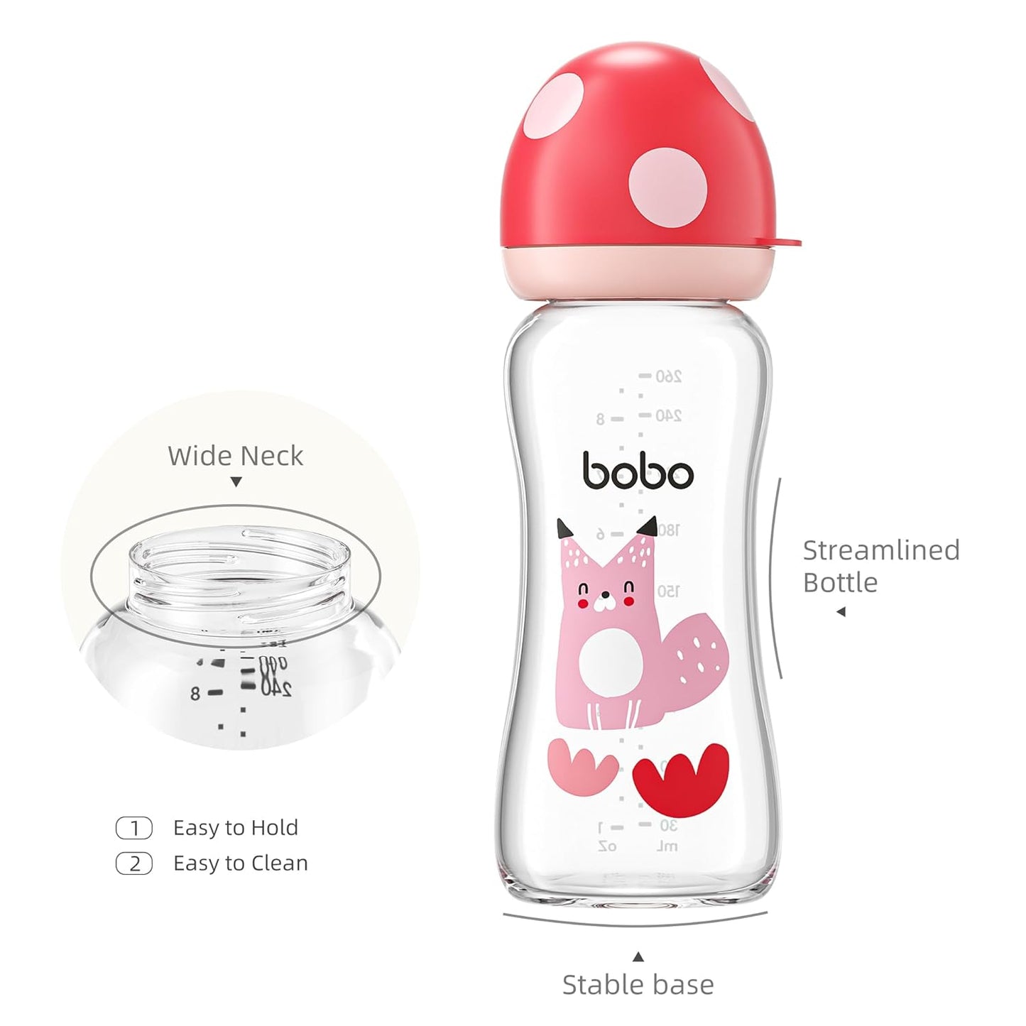 YOHKOH Natural Glass Baby Bottle with Natural Response Nipple, Newborn Anti-Colic Baby Bottles, Wide Neck Mushroom Cap Baby Bottle, Clear (8.8ounce (Pack of 2), Multicolour2)