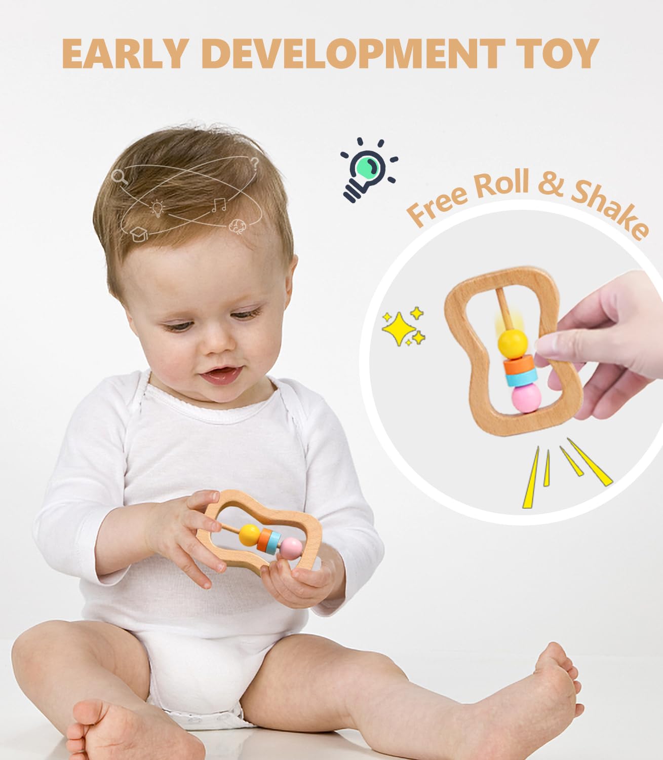 6 PCS Wooden Baby Rattle, Organic Colorful Baby Hand Rattles Set, Wood Rattles for Babies 0-6-12 Months, Wooden Teether Crochet Rattle Toy for Newborn Infant, Montessori Toys for Babies 0-6 Months