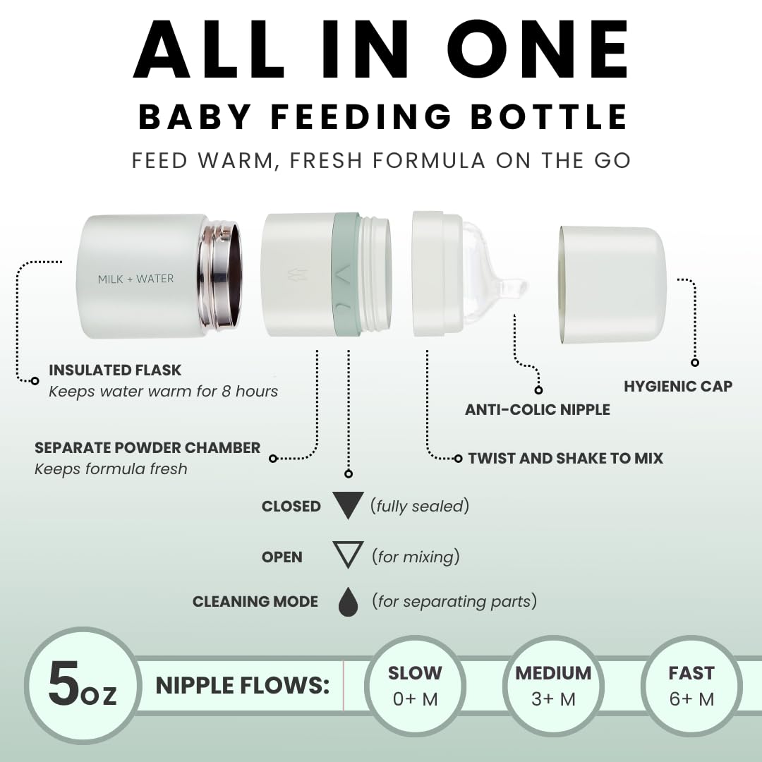 MILK & WATER All in One Baby Bottle & Baby Formula Dispenser On The Go, 5oz - Keeps Water Warm & Formula Fresh - Baby Formula Mixing Bottle with Anti Colic Nipple - Leak-Proof - 3+ Months (Green)