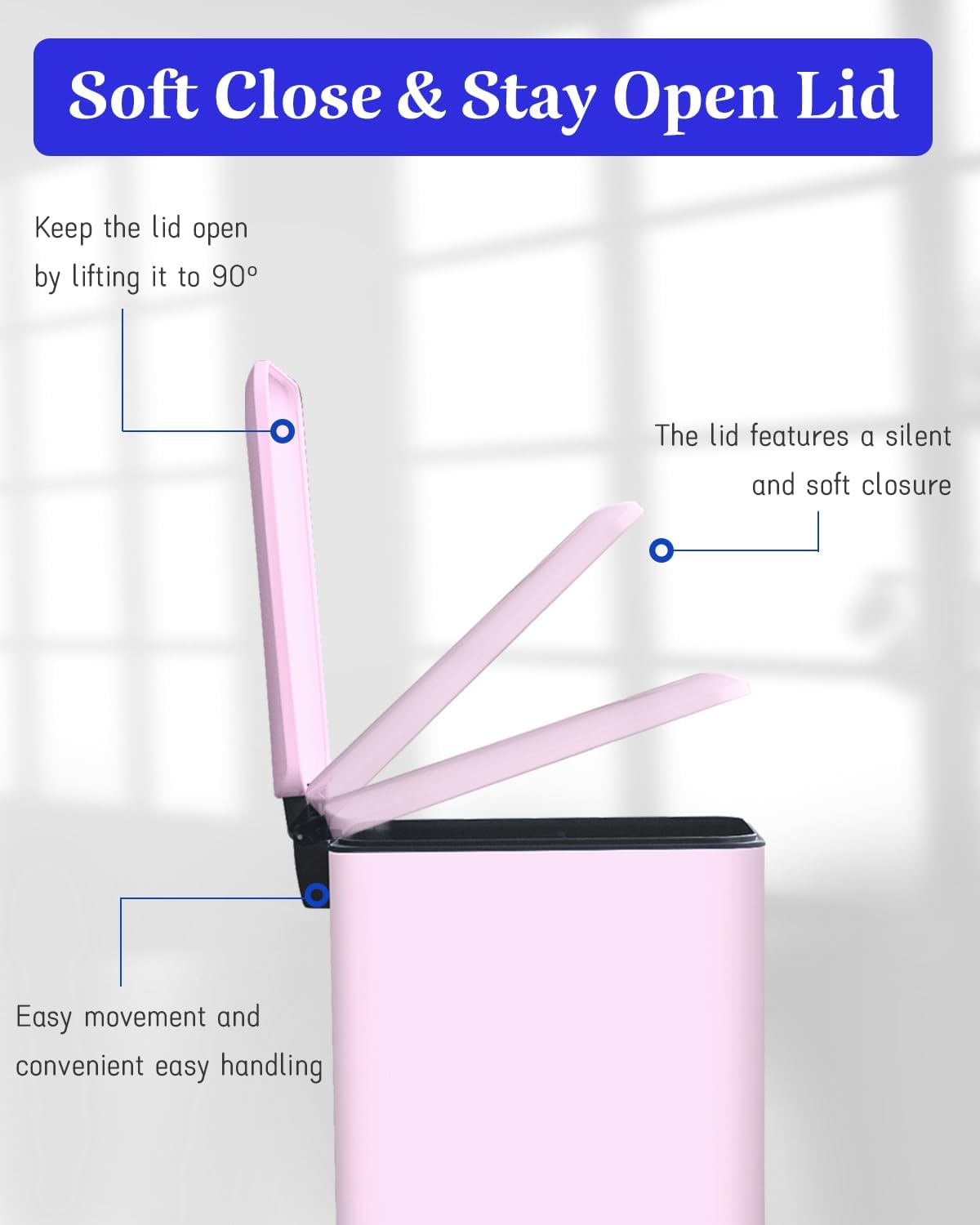 Bathroom Trash Can with Lid, 16.7L/ 4.4 Gallon Trash Can with Removable Inner Bucket, Soft Close lid, Stainless Steel Step Pedal Garbage Can for Bedroom, Kitchen, Home Office, Pink