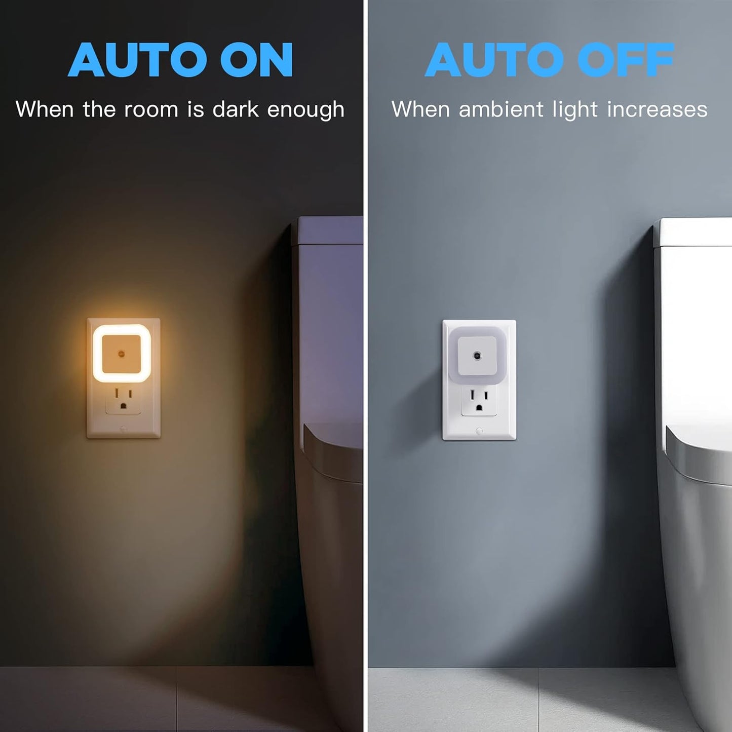 Dimmable LED Night Light with Dusk-to-Dawn Sensor for Nursery, Kids Room, Bedroom, Hallway, Stairs, Bathroom, Kitchen, Warm White, Pack of 4