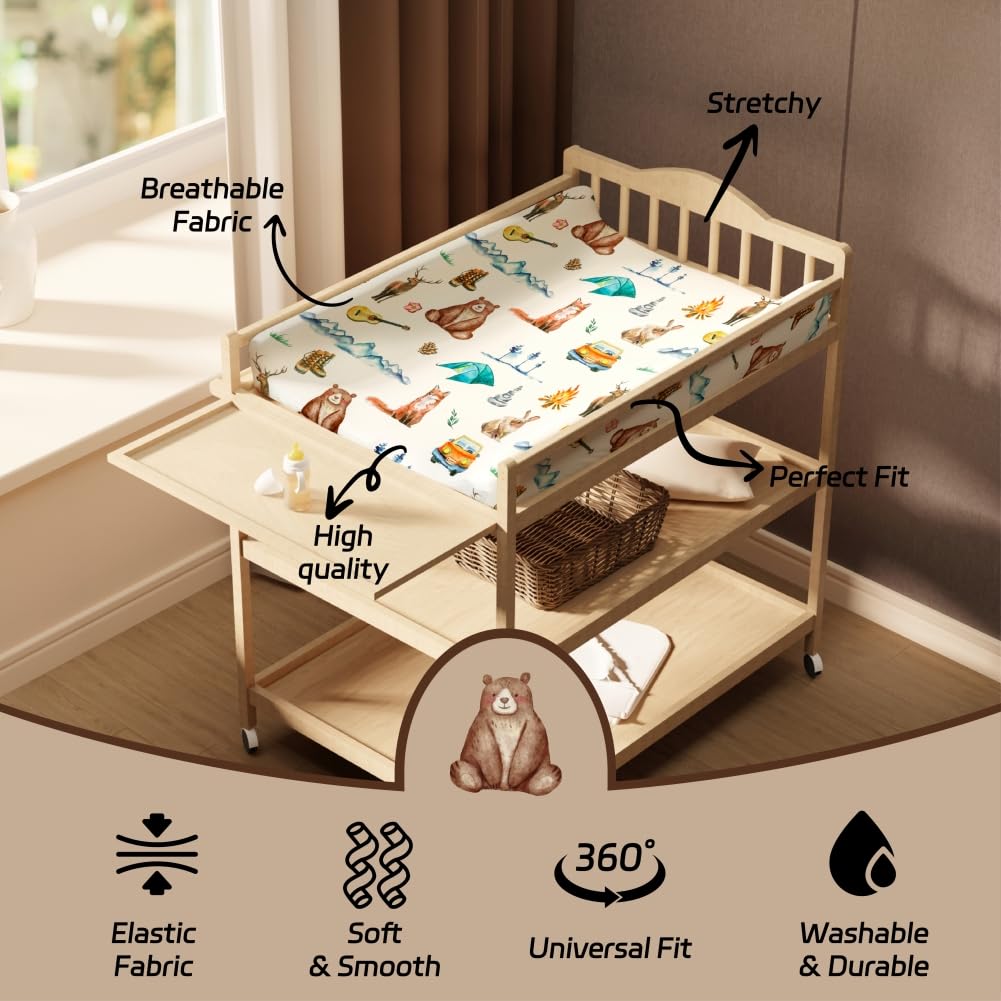 4 Pack Changing Pad Covers Woodland Forest Animals Wood Neutral Unisex Fitted Baby Changing Pad Cover Set for Baby Boys or Girls