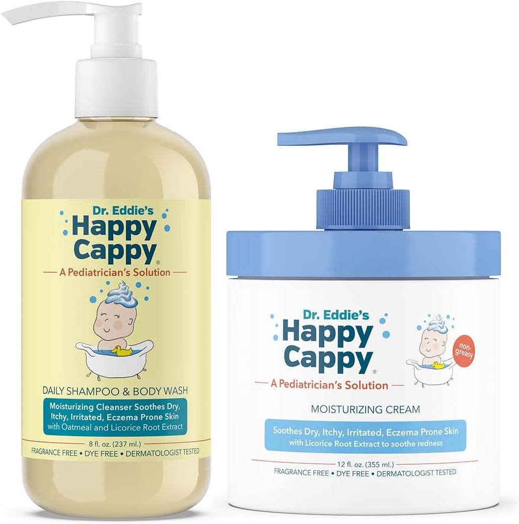 Happy Cappy Baby Shampoo, Body Wash, & Moisturizing Cream Bundle - Eczema Body Wash and Lotion for Kids & Toddlers, Helps with Dryness, Reduces Itching, Dermatologist Tested, Fragrance-Free