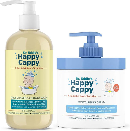 Happy Cappy Baby Shampoo, Body Wash, & Moisturizing Cream Bundle - Eczema Body Wash and Lotion for Kids & Toddlers, Helps with Dryness, Reduces Itching, Dermatologist Tested, Fragrance-Free