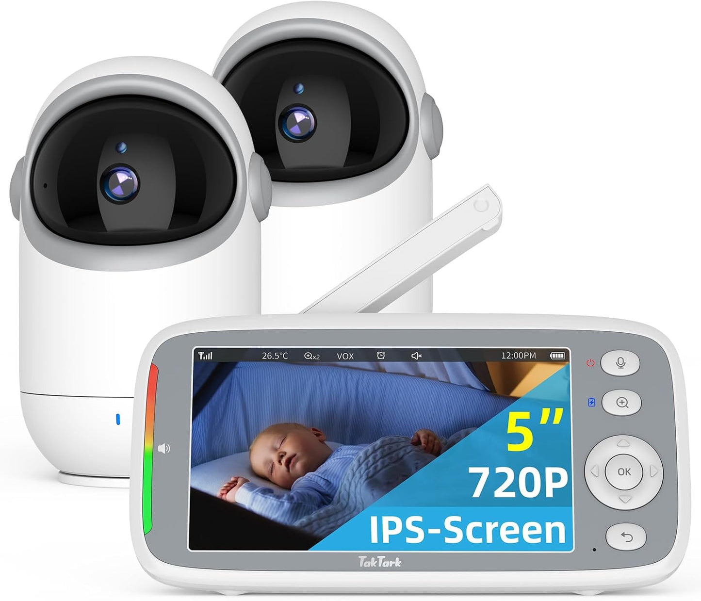 TakTark 5" HD 720P Baby Monitors, Video Baby Monitor with 2 Cameras and Audio, Night Light, 960ft Range, 2 Way Audio, Digital Zoom, Night Vision, VOX Sound Detection, Ideal for New Parent