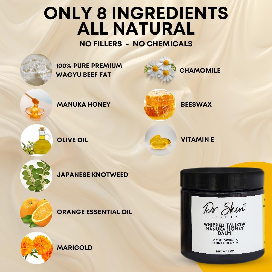 Whipped Beef Tallow and Manuka Honey Balm, 4oz, Orange scent, Grass Fed Grass Finished Organic Face Cream, Body Lotion, and Lip Balm for psoriasis, eczema and babies