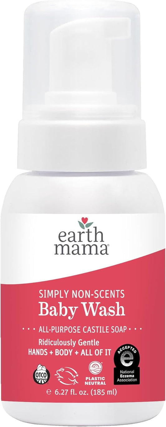 Earth Mama Baby Wash Liquid Foaming Hand Soap, Organic All-Purpose Body Wash for Sensitive Skin, Castile Soap with Coconut Oil, Shea Butter, Calendula, & Aloe, Unscented, 6.27 Fl Oz (Pack of 1)