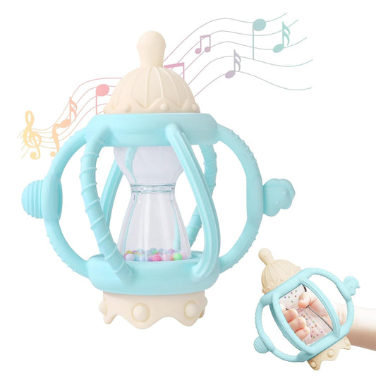 Socub Baby Rattle Teether Toys for 0-12 Months, 2-in-1 Sensory Hand Grasp Shaker with Soft Silicone Teething Ball & Pacifier, BPA Free Chew Toy for 6-12 Months, Newborn Gift for Boys and Girls (Blue)