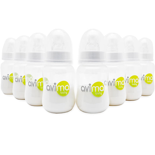 Avima 4 oz Anti Colic Baby Bottle Set - Slow Flow Nipples Included, Standard Neck, BPA Free - Newborn 0-3 Months, Stage 1 Feeding for Gas, Spit Up & Colic (Set of 8)