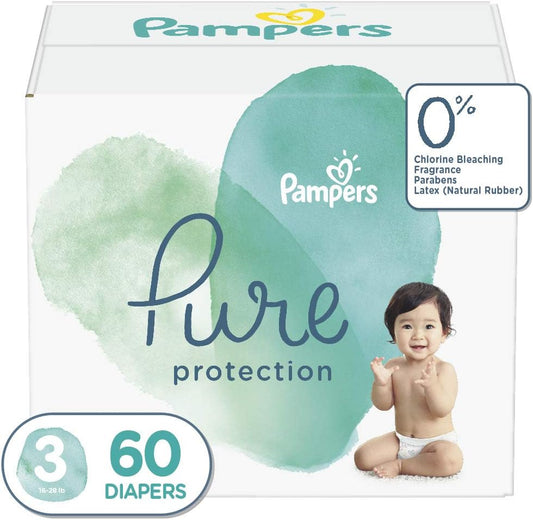Diapers Size 3, 60 Count - Pampers Pure Protection Disposable Baby Diapers, Hypoallergenic and Unscented Protection, Super Pack (Old Version)