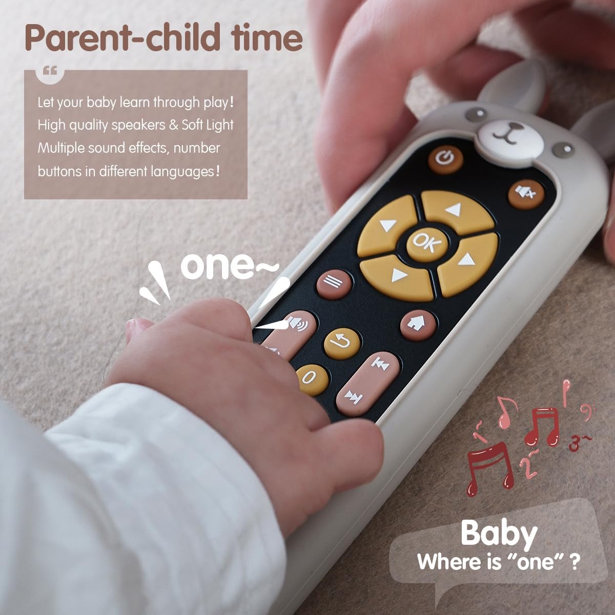 Nueplay Baby TV Remote Control Toy with Silicone Teether Cover, Toddler Realistic Controller, Early Number Learning in 3 Languages (English, Spanish & French), Preschool Girls Toys 6, 12, 18 Months