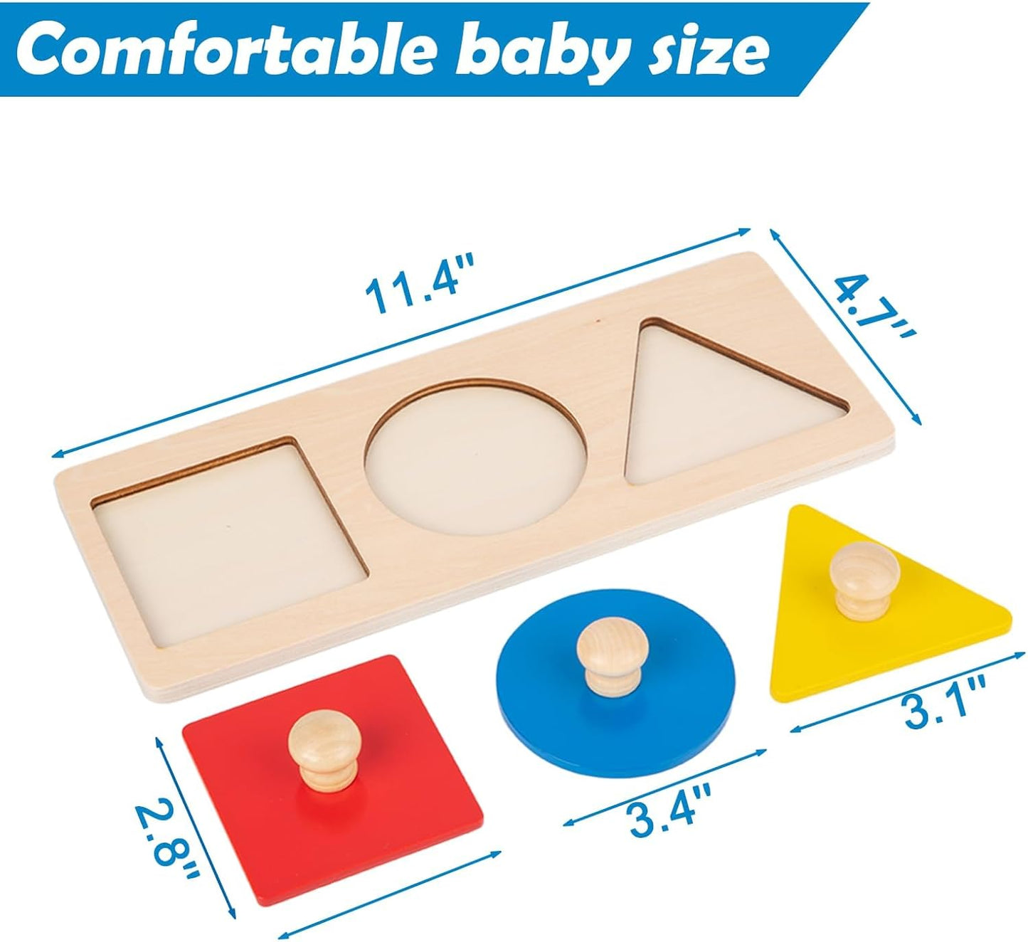 Adena Montessori Colorful Multiple Shape Puzzles Toys for 6-12 Months 1 Year Old Toddler Babies First Shapes Geometric Jumbo Knob Wooden Puzzle Color Sorter (3 Pieces)