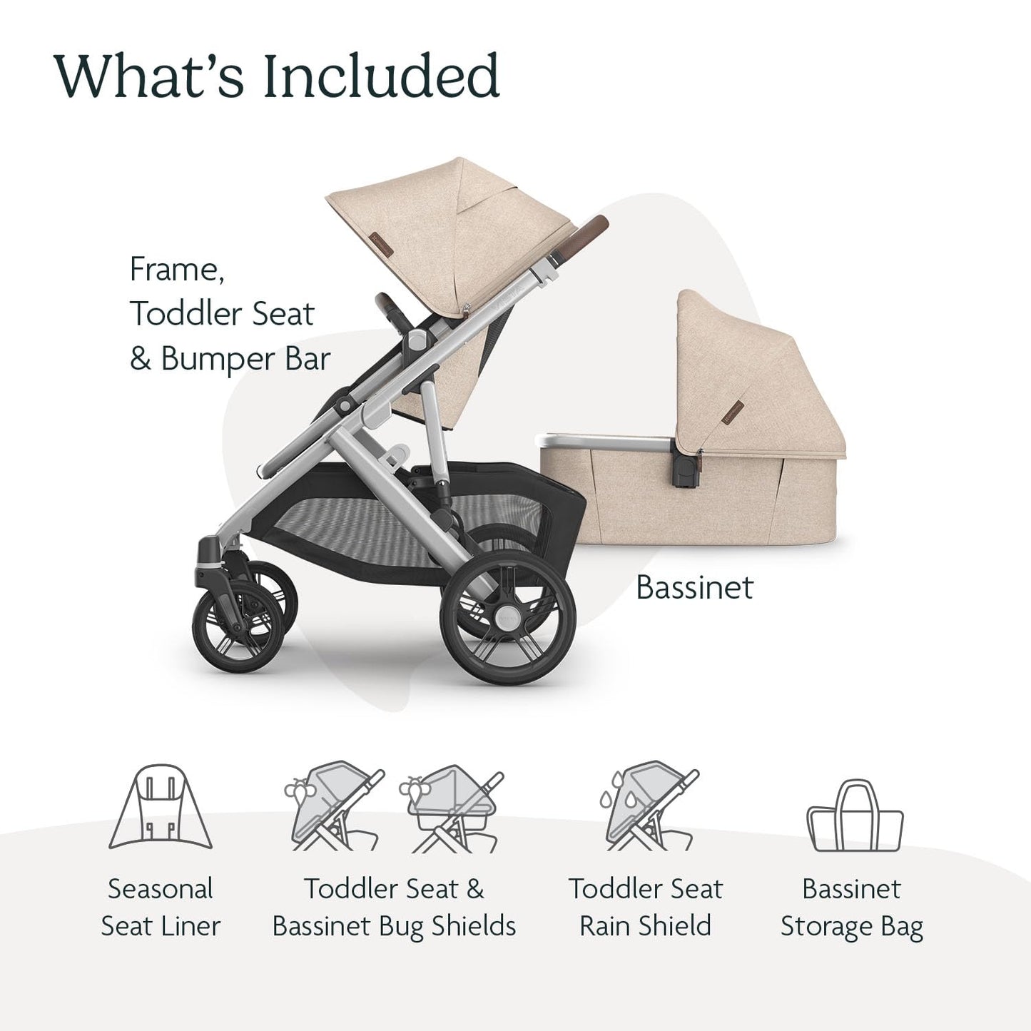 UPPAbaby Vista V3 Stroller + Bassinet V3 - Convertible Single-to-Double Stroller System- Bassinet, Toddler Seat, Bug Shield, Rain Shield Included - Declan (Oat Mélange/Silver Frame/Chestnut Leather)