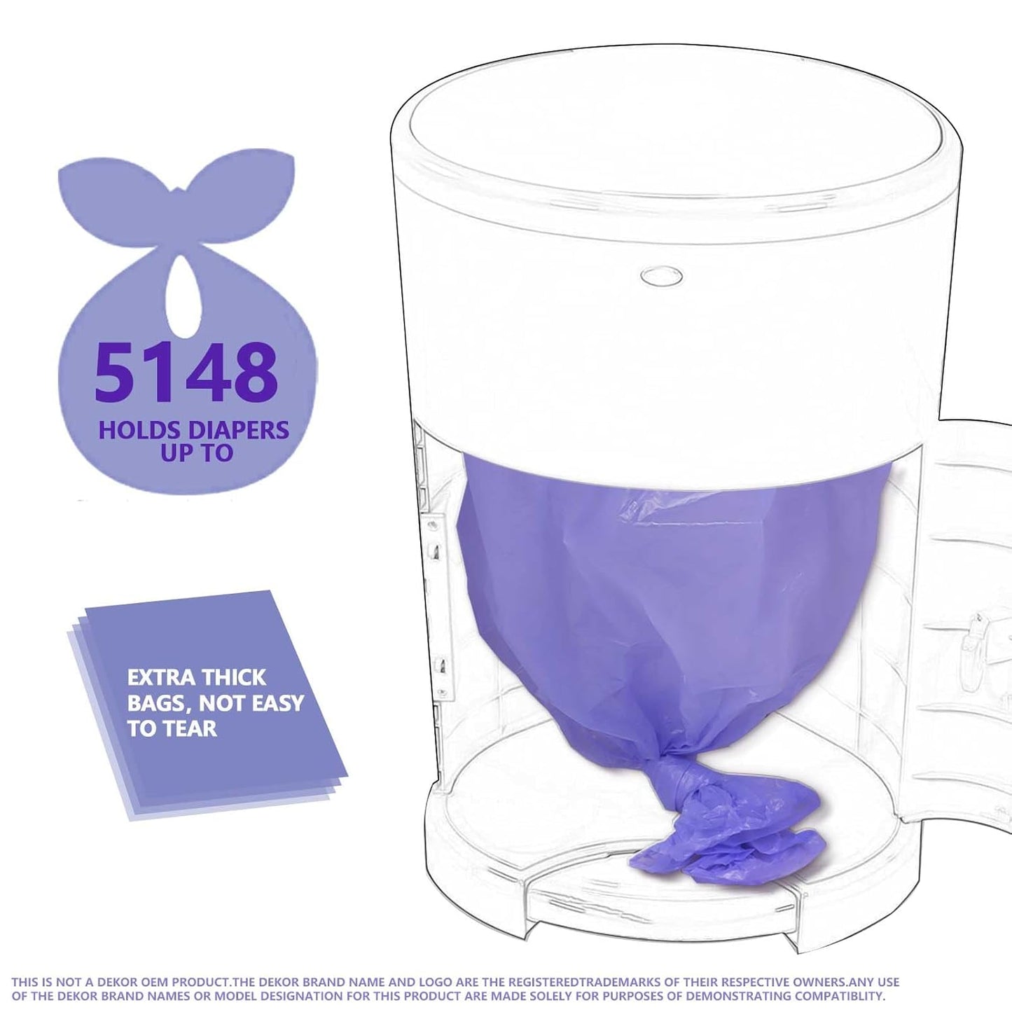 Diaper Pail Refill Bags Compatible with Dekor Classic Diaper Pail, Extra 30% Length, Hold up to 5148 Diapers, Lavender Scent, 8 Pack