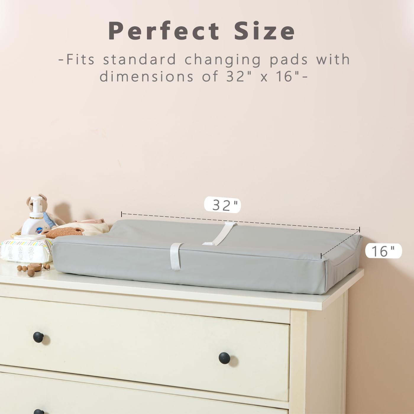 Vegan Leather Baby Changing Pad Covers for Girl, Boy, Waterproof & Wipeable Soft Diaper Changing Mat Cover.Fits Standard Changing Pads with Dimensions of 32" x 16". (Gray)