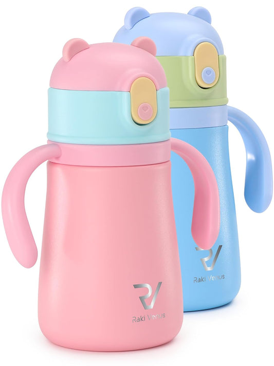 12oz Kids Insulated Water Bottle Double-Wall Vacuum Kids Water Bottle with Hygiene Silicone Straw Blowout-Proof Lid Insulated No BPA Durable Stainless Steel