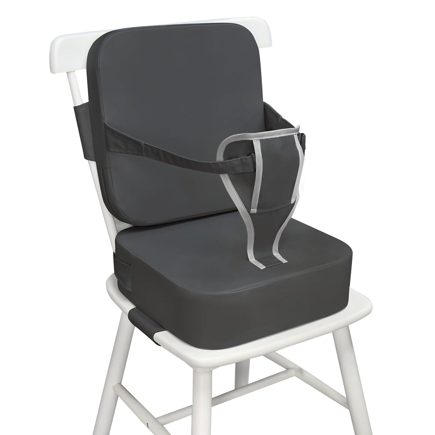 Toddler Booster Seat for Kitchen Chair and Dining Table, Non-Slip Cushion with Backrest, Adjustable Straps, Waterproof and Portable for Travel - Dark Grey