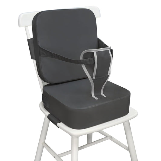 Toddler Booster Seat for Kitchen Chair and Dining Table, Non-Slip Cushion with Backrest, Adjustable Straps, Waterproof and Portable for Travel - Dark Grey