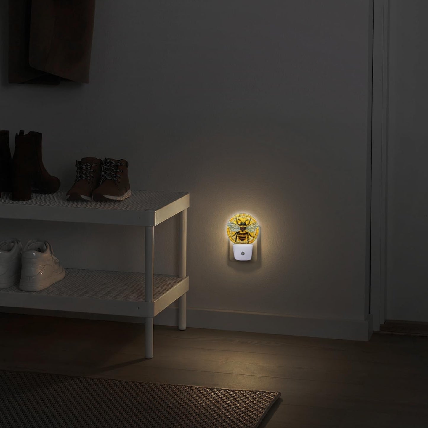 Round LED Night Lights Lamp with Dusk to Dawn Sensor, 3D Circular Stained Glass with Bumblebee Night Light Plug Into Wall for Kids Room, Bedroom, Bathroom, Kitchen, Hallway