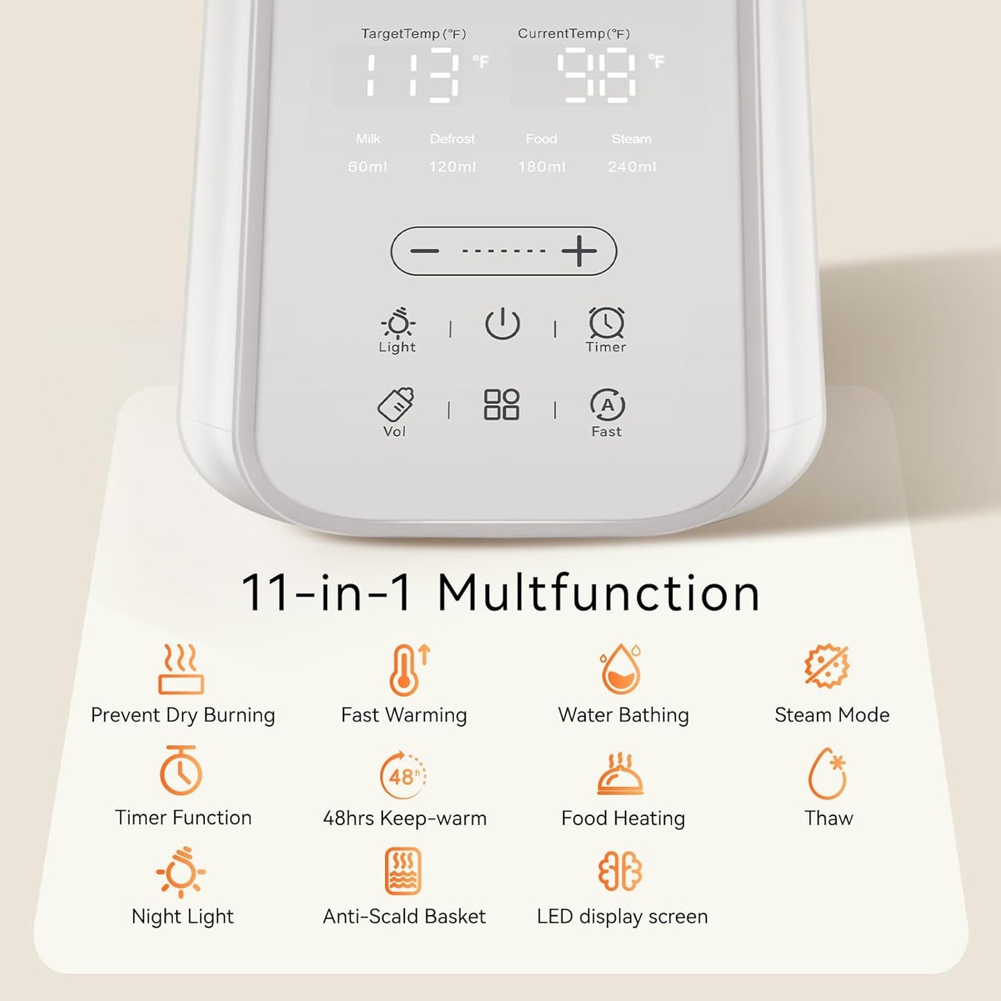 Baby Bottle Warmer for Breast Milk with Timer & Night Light, 11-in-1 Milk Warmer for Baby Bottles, 48H Keep Warm, BPA-Free Fast Heating with Adjustable Temperature (86-194℉) for Glass/PPSU Bottles