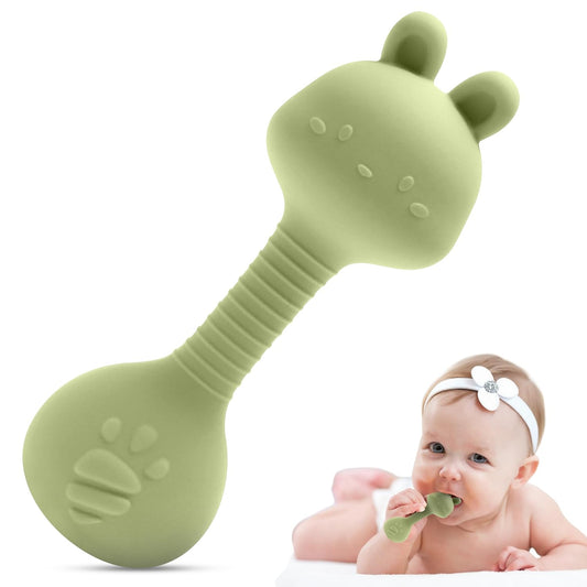 Silicone Rattle Teether for Babies – Soft BPA-Free Teething Toy & Sensory Rattle – 100% Food Grade Silicone, CPC Certified – Soothing Relief for Infants & Toddlers (Rabbit - Green)
