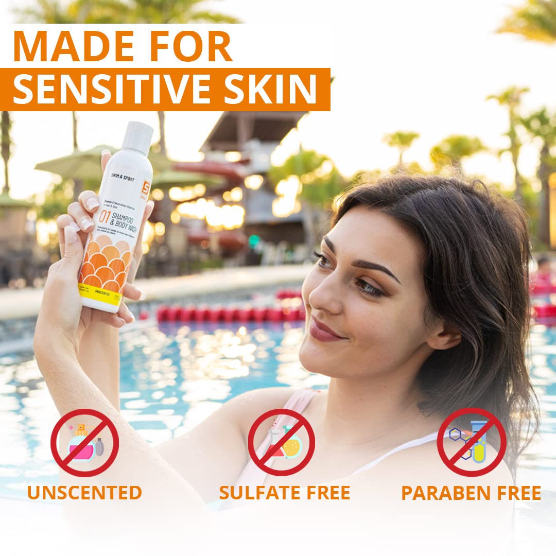 Swimmers Chlorine Swim Shampoo and Body Wash for Kids & Adults - Unscented with Vitamin C, Sulfate Free 8 Fl Oz